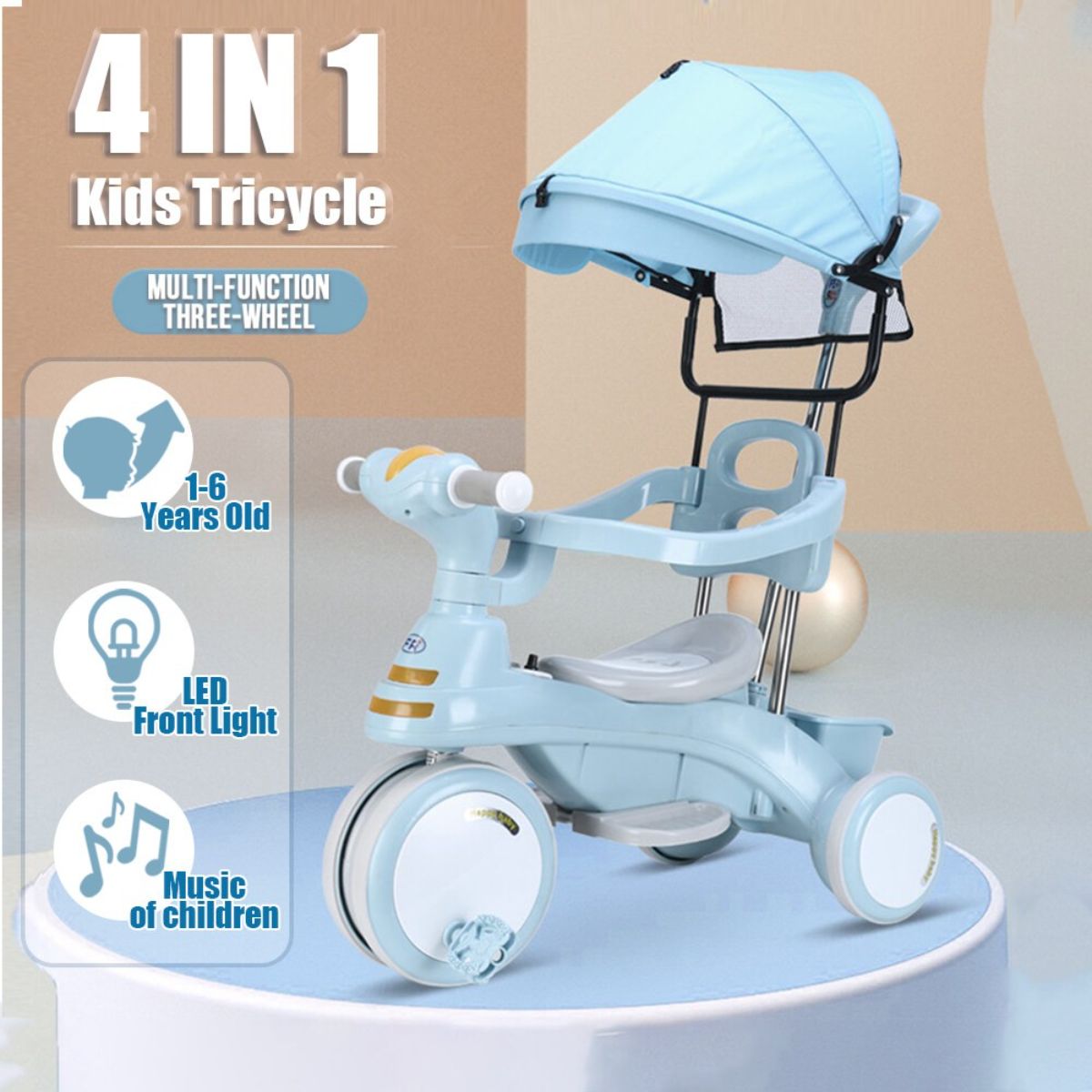 Tricycle With Steering Handle, Canopy, Music & Lights بسكليت ٣ دواليب